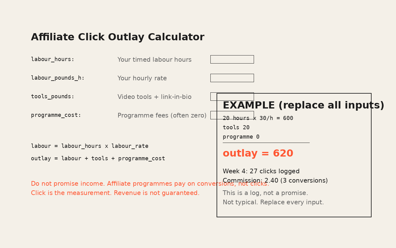 Cost calculator showing outlay for affiliate click tracking. Do not promise income. Track clicks and log. First affiliate click is the proof.