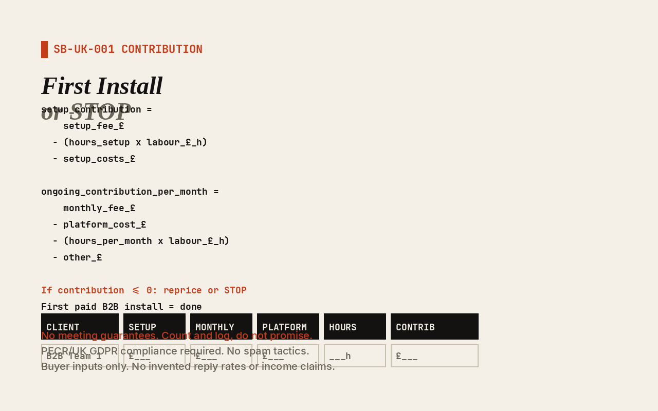 Cost calculator showing setup contribution and ongoing contribution. Do not promise meeting guarantees. Count and log. First paid install is the close.