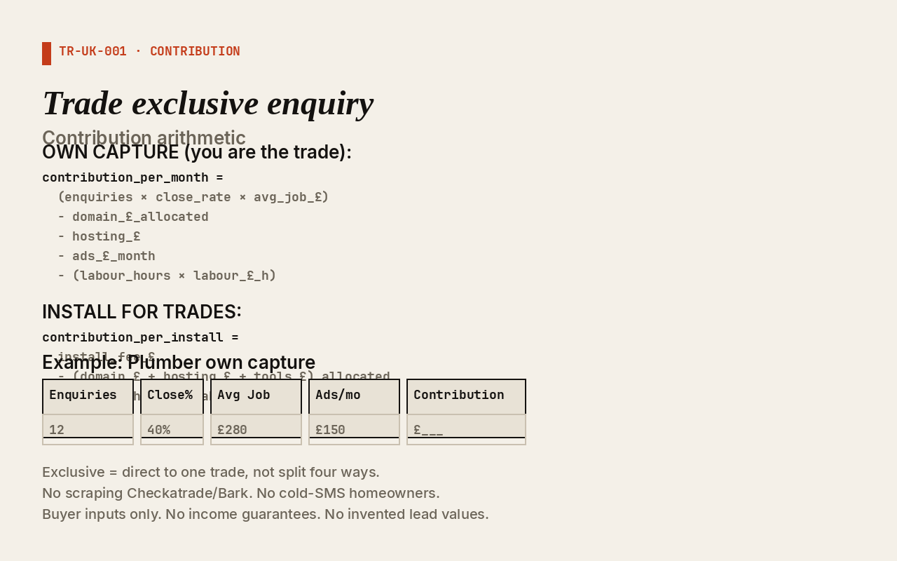 Exclusive enquiry contribution equals job value times close rate minus domain costs, hosting, ads spend, form tools, labour hours. Buyer invoices. Not income. One exclusive enquiry is the close. A STOP is a completed result.